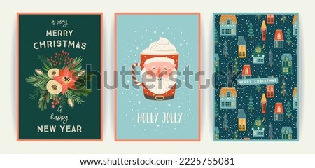 Set of Christmas and Happy New Year cards. Cute bright illustrations witn New Year symbols.. Vector design templates.