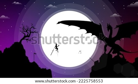 fantasy wallpaper with mythological animal. witch versus dragon illustration. floating witch with magic book in hand. fight with sword. 