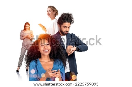 Group of business people work together thinking about creative ideas for business project using smartphones. White background. Concept of teamwork, cooperation, coworking and colleagues partnership Royalty-Free Stock Photo #2225759093