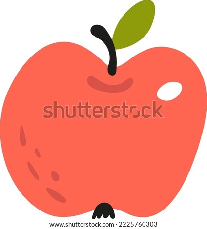 Ripe red apple. Cartoon fruit icon for fun kids design. Hand drawn childish healthy vegetarian food for little vegans. Kitchen summer clip art. Picture autumn ripe farm harvest. Flat vector for baby.