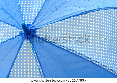 Rain drops on a blue umbrella.