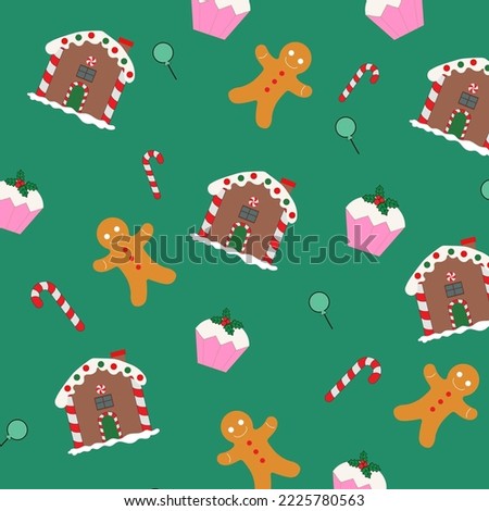 green background there is a seamless pattern of gingerbread and house with various delicious pink cakes and candy canes