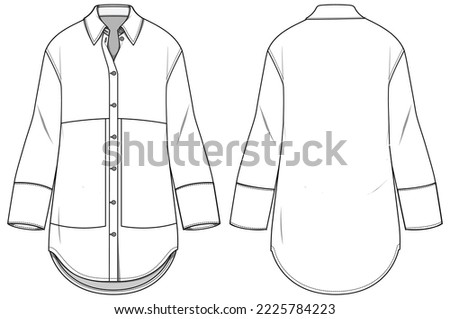 Women shirt dress design with collar flat sketch fashion illustration with front and back view, Long Sleeve Kurtha shirt dress technical drawing vector template Royalty-Free Stock Photo #2225784223