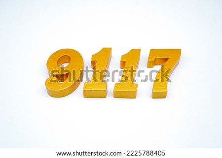  Number 9117 is made of gold-painted teak, 1 centimeter thick, placed on a white background to visualize it in 3D.                                 