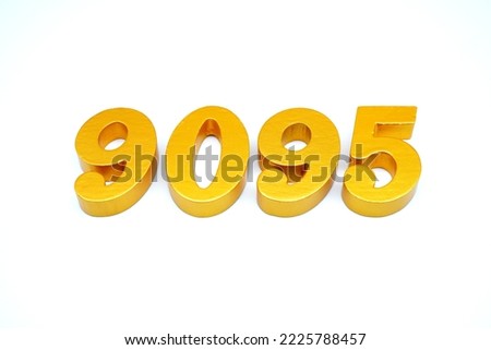   Number 9095 is made of gold-painted teak, 1 centimeter thick, placed on a white background to visualize it in 3D.                                 