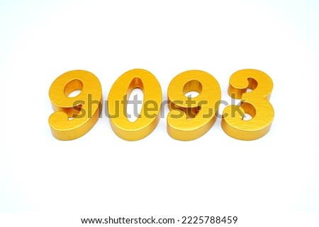    Number 9093 is made of gold-painted teak, 1 centimeter thick, placed on a white background to visualize it in 3D.                                 