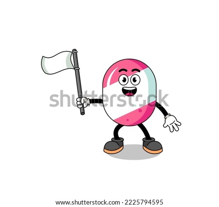 Cartoon Illustration of candy holding a white flag , character design