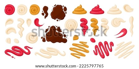 Sauce stains, mayo, ketchup and mustard dip. Cartoon sauce splash, fast food dressing, yellow cheese and barbeque sauce flat vector illustration set. Junk food dressing sauces Royalty-Free Stock Photo #2225797765