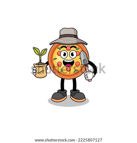 Illustration of pizza cartoon holding a plant seed , character design