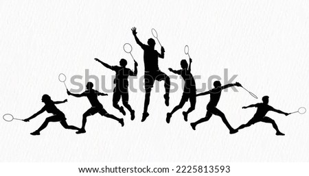 Boys and girls playing badminton silhouettes isolated on paper textured white background. Friends sport fun. Badminton players in action. 