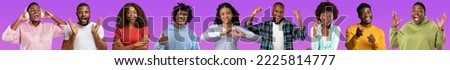 Collection of studio photos of african american people posing on purple background, happy millennial black men and women in casual grimacing and gesturing, using gadgets, web-banner, collage Royalty-Free Stock Photo #2225814777