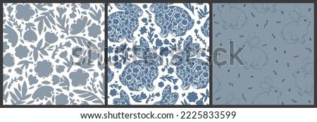 Set of cute festive seamless patterns of rabbits and flowers. Graphic vector illustration in trendy colors.