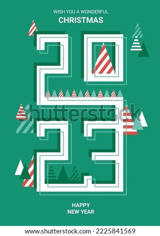 Merry Christmas and Happy New Year 2023 of greeting card, poster, holiday cover. Modern Christmas design with triangle first pattern in green, red, white colors. Christmas tree, decoration elements.