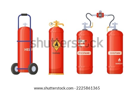 Gas metal cylinder with helium, propane, bhutan set. Tanks with industrial liquefied compressed gas for safety fuel storage. Oil and gas industry supplies cartoon vector