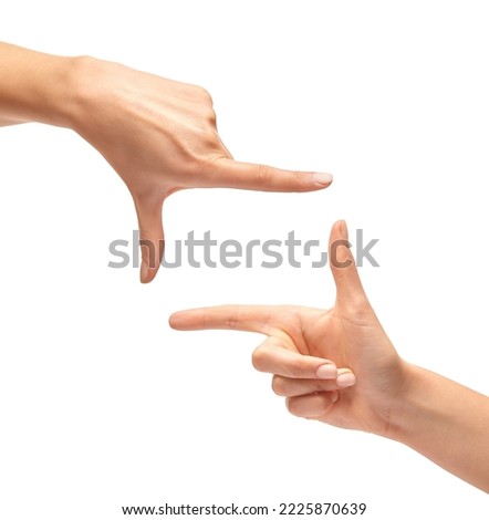 Female hands forming a frame in blank for insert text or design isolated on white background.