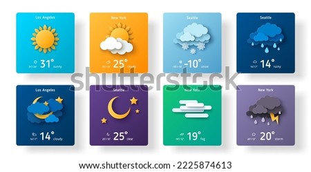 Weather forecast widget icon set paper cut style. Vector illustration. 3d mobile app ui design, daily application template, climate cartoon sign. Thunderstorm, rain, sunny day, fog, winter snow, night Royalty-Free Stock Photo #2225874613