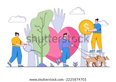 Volunteers at work. Man and woman taking care about animals, donating and watering tree. Concept of volunteering and charity social with a big hearth. Flat style vector illustration.