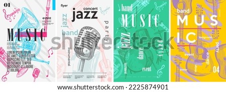 Event poster design. Guitar, drum, trombone, trumpet, microphone. Set of vector illustrations.  Typography. Vintage pencil sketch. Engraving style. Labels, cover, t-shirt print, painting.