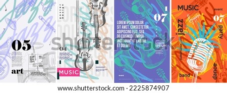 Event poster design. Jazz, guitar, drum, microphone. Set of vector illustrations. Typography. Vintage pencil sketch. Engraving style. Labels, cover, t-shirt print, painting.