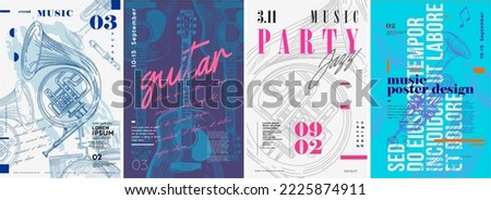 Event poster design. Guitar, trombone, trumpet, microphone. Set of vector illustrations. Typography. Vintage pencil sketch. Engraving style. Labels, cover, t-shirt print, painting.