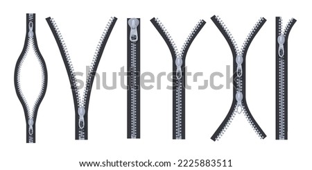 Open zippers. Opening and closure zipper lock, closed half zip cloth puller hardware textile, unzip fashion accessories metal fastener for jacket or pants, neat vector illustration of closure zip open Royalty-Free Stock Photo #2225883511