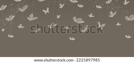Abstract art background with paper butterflies in line art style. Vector banner with a pattern of toys in oriental style for wallpaper, decor, print, textile, interior design.