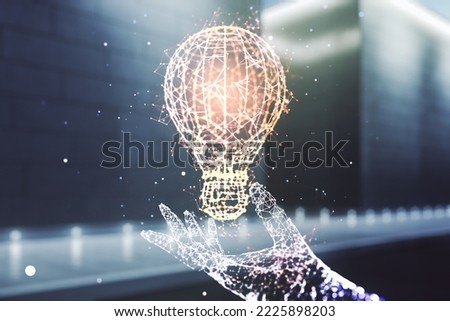 Virtual Idea concept with light bulb illustration on blurry modern office building background. Multiexposure