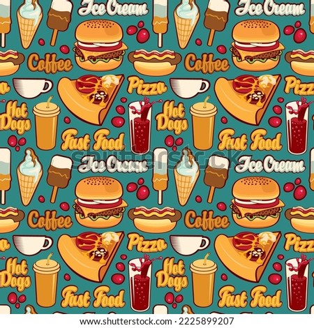 Seamless pattern with drawings and inscriptions in retro style. Vector cartoon background on the theme of fast food with pizza, burger, ice cream, coffee, cola, hot dog.