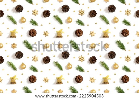 Christmas golden decor seamless pattern on white background. Fir branches, cones, bells and snowflakes. Winter concept. Top view, flat lay. Happy new year.