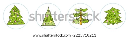 A hand-drawn christmas tree. Vector illustration in doodle style. Winter mood. Hello 2023. Merry Christmas and Happy New Year. Green trees with a yellow and pink toys on a white background.