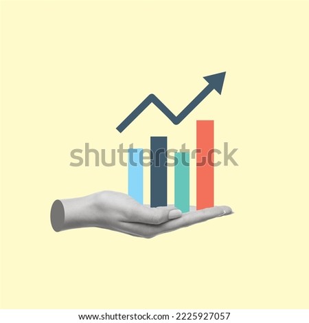 Art collage with hand and graph. Concept of business, finance, economy, professionalism and success. Symbolism and surrealism. Copy space. Royalty-Free Stock Photo #2225927057
