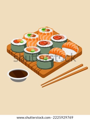 Sushi, rolls are not only an exotic dish, but also a great choice in a cafe or restaurant. This image has a wide range of uses - both as an illustration and a logo.