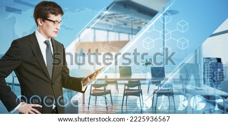 Creative image of attractive european businessman holding smart phone on abstract double exposure city office background with map and business chart. Workplace, financial business environment concept