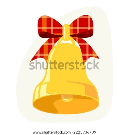 Clip art of golden Christmas bell with red tartan ribbon and bow. Jingle bells illustration on isolated background. Holiday design for decoration and celebration of winter, Christmas or New Year.