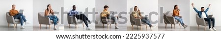 Collage With Diverse Multiethnic People Relaxing In Comfortable Armchairs Over Light Background, Multicultural Happy Men And Women Using Different Modern Gadgets Or Drinking Coffee, Panorama