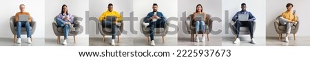 Online Communication. Diverse People Sitting In Armchair And Using Smartphones And Laptops, Multiethnic Men And Woman Communicating In Internet Via Modern Gadgets, Collage, Panorama Royalty-Free Stock Photo #2225937673