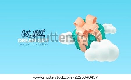3d vector realistic gift box among cartoon clouds. Blue surprise gift box on the sky vector illustration. Three dimensional render holiday advertising banner