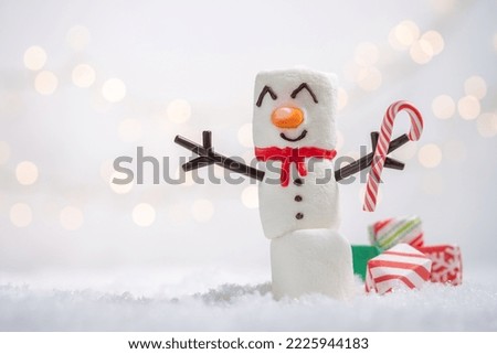 Happy funny marshmallow snowman are having fun in snow. Merry Christmas card. Christmas concept Royalty-Free Stock Photo #2225944183