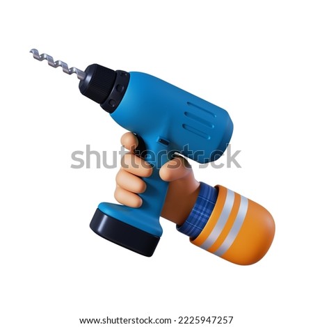 3d render, cartoon caucasian human hand holds blue electric drill. Professional builder with equipment. Construction tool icon. Renovation service clip art isolated on white background