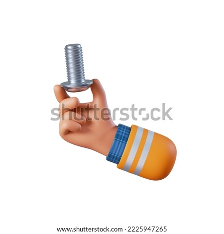 3d render, cartoon caucasian human hand holds bolt screw. Construction tool icon. Renovation service clip art isolated on white background