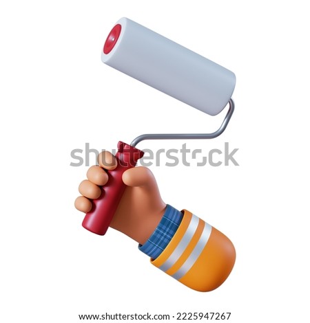 3d render, cartoon caucasian human hand holds paint roll. Professional painter with equipment. Construction icon. Renovation service clip art isolated on white background