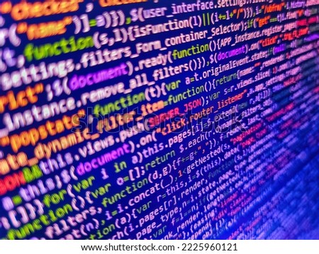 Laptop screen show abstract computer programming code script. Close up of computer web page code inside of html file. Python programming developer code. PHP development, software site code