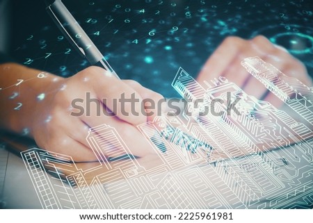IOT drawing over writing hands in notepad background. Concept of smaert home. Multi exposure
