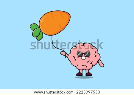 Cute cartoon Brain floating with carrot balloon in flat cartoon vector icon illustration