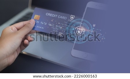 Cybersecurity, credit card, and privacy concepts to protect data. lock icon and internet network security technology Businessman protecting personal information on smartphone