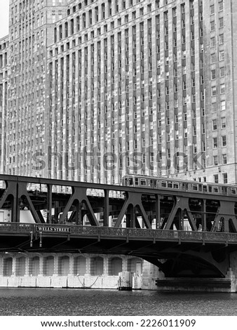 Chicago train crossing the River . Black and white picture train