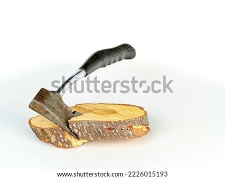 Close op of a small Ax cutting a log round Royalty-Free Stock Photo #2226015193