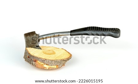 Closeup of a hatchet stick in a small piece of wood Royalty-Free Stock Photo #2226015195