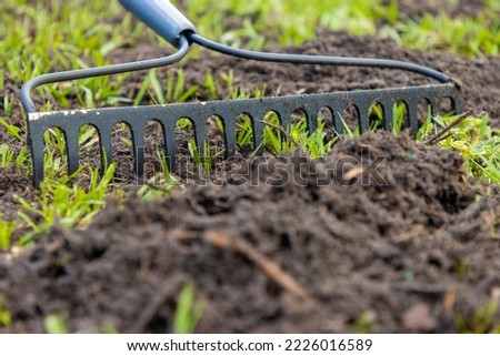 Raking fresh soil into the lawn Royalty-Free Stock Photo #2226016589