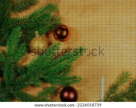 Illustration. Cross stitch. New Year, Christmas. Composition with spruce branches, bright sparkling balls and candles on a wooden background.